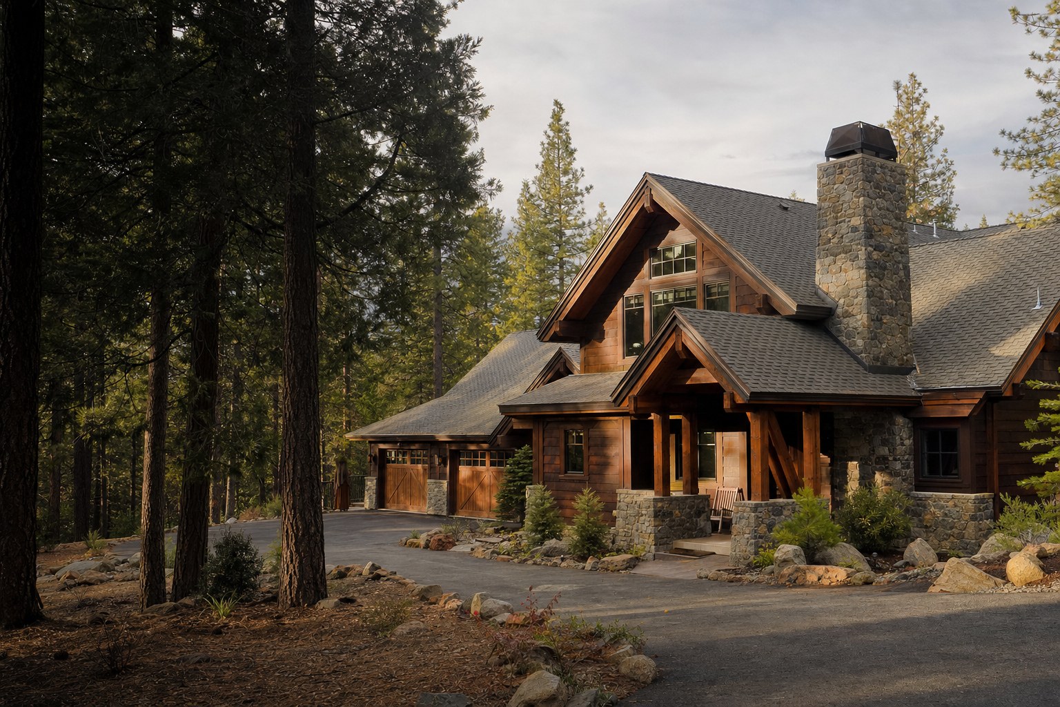 Sierra foothills craftsman home surrounded by pines